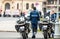 Police agent on motorcycle, Romanian Police (Politia Rutiera) car patrolling streets to avoid curfew breaches amid the spread of