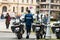 Police agent on motorcycle, Romanian Police Politia Rutiera car patrolling streets to avoid curfew breaches amid the spread of