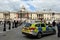 Police car controls the Trafalgar Square in London United Kingdom after protesters gathered against animal eating