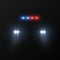 Police car headlights. Patrol police car with flashing light and headlights in dark, automobile silhouette with light