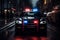 a police car with its lights on patrolling and driving on a night road. Generative ai