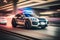 Police car in motion blur with flashing lights. Police car drive to emergency call. Generative AI