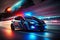 Police car in motion blur with flashing lights. Police car drive to emergency call. Generative AI