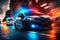 Police car in motion blur with flashing lights. Police car drive to emergency call. Generative AI