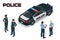 Police car - policeman - policewoman. Flat 3d isometric high quality city service transport. Isometric police car.