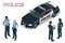 Police car - policeman - policewoman. Flat 3d isometric high quality city service transport. Isometric police car.
