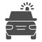 Police car solid icon. Cop automobile with rooftop flashing lights symbol, glyph style pictogram on white background