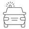 Police car thin line icon. Cop automobile with rooftop flashing lights symbol, outline style pictogram on white