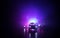 Police cars at night. Police car chasing a car at night with fog background. 911 Emergency response police car speeding to scene