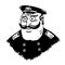 Police Commissioner. Man in uniform and epaulets. Honest man in law. Mustachioed man with bulging eyes. Comic character.