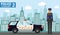 Police concept. Detailed illustration of policewoman on background with police car and cityscape in flat style. Vector illustratio