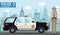 Police concept. Detailed illustration of policewoman, sheriff on background with police car and cityscape in flat style. Vector