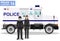 Police concept. Detailed illustration of SWAT officer, policeman, policewoman and armored car in flat style on white