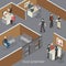 Police department interior isometric composition with crime suspect in pretrial provisional detention and detectives office vector