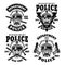 Police department set of vector emblems, badges, labels or t-shirt prints with policeman in hat isolated on white