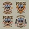 Police department set of vintage emblems, labels, badges or logos with policeman in hat. Vector illustration in colorful