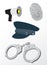 Police equipment: megaphone, handcuffs, hat and fingerprint,