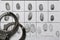 Police handcuffs and criminal fingerprints card