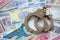 Police handcuffs with iranian money bills rials. The concept of crime and offenses or fraud