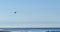 A police helicopter flying over the shoreline on the Pacific Ocean