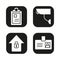 Police icons set. File, camera, home security, badge symbol. Vector white silhouettes illustrations in black squares.