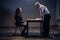 A police investigator manipulates evidence in a case to frame a detained man sitting at a table in handcuffs.