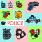 Police and justness symbol icons banner vector illustration. Collection of on-duty policemen signs, symbols of policing