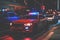 Police lights and Police car in New York. Police car with red and blue emergency. Emergency vehicle lighting.
