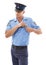 Police man, cash bribe and corruption, sneaky face and illegal activity, break rules and dollar bills isolated on white