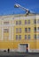 A police man stand by artificial building facade. Moscow Kremlin.