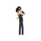 Police officer in blue uniform drinking coffee and eating donut, policeman cartoon character vector isolated on a white