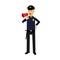 Police officer character in a blue uniform shouting using megaphone colorful Illustration