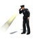 Police officer checks with flashlight on white background