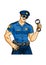 Police officer with handcuffs, character, cartoon, color, illustration, vector