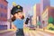 Police officer happy girl working on city street, kid policeman managing road car traffic
