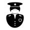 Police Officer Icon. Black and white illustration pictogram icon depicting uniformed law enforcement officer with facial mask, hat