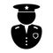 Police Officer Icon. Black and white illustration pictogram icon depicting uniformed law enforcement officer with hat and badge.