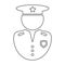Police Officer Outline Icon. Black and white illustration pictogram icon depicting uniformed law enforcement officer with hat and