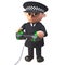 Police officer policeman character in uniform plays a video game with a joystick controller, 3d illustration