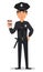 Police officer, policeman with a cup of coffee. Smiling cartoon character cop