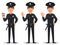 Police officer, policeman. Set of cartoon character cop with a cup of coffee, waving hand and showing ok sign.