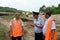 A police officer with railwaymen on civil defense exercises.