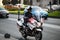 Police officer riding a BMW motorcycle in the Bucharest city traffic