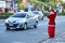 Police officer Santa Claus in Thailand.  Santa Claus regulate traffic. New year at sea.