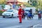 Police officer Santa Claus in Thailand.  Santa Claus regulate traffic. New year at sea.