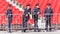 police officers observe the law and order on Victory Day at the rehearsal of the parade on Kuybyshev Square on a spring sunny day