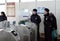 Police officers at the turnstiles at the railway station in Orekhovo-Zuyevo, Moscow region