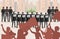 Police officers in uniform against protesting people vector flat illustration. People protest against injustice.