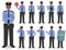 Police people concept. Detailed illustration of african american policeman standing in different poses in flat style