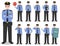 Police people concept. Detailed illustration of american policeman standing in different positions in flat style